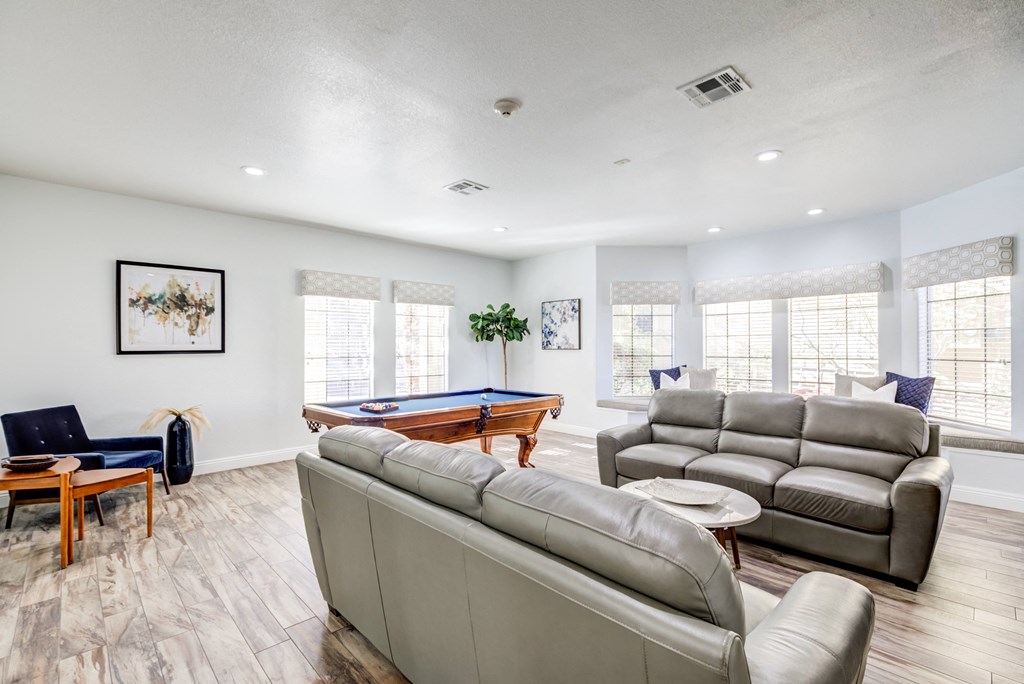 a living room with couches and a pool table