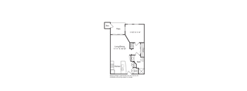 A floor plan of a small apartment with a kitchen, bathroom, and living/dining area.