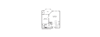 A floor plan of a small apartment with a living room, kitchen, bathroom, and a walk-in closet.