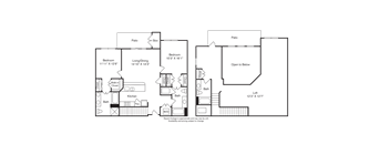 A floor plan of a house with two bedrooms, a living area, a kitchen, a bathroom, and a laundry room.