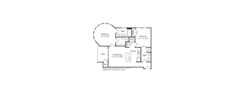 A floor plan of a house with two bedrooms, a kitchen, a living/dining area, a patio, and a storage space.
