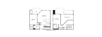 A floor plan of a two-bedroom apartment with a living/dining area and a kitchen.