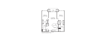 A floor plan of a house with two bedrooms, a living area, a kitchen, a bathroom, a pantry, a walk-in closet, and a garage.