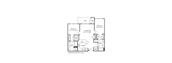 A floor plan of a small apartment with a living room, kitchen, bathroom, and bedroom.
