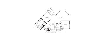 A floor plan of a house with a living room, two bedrooms, a kitchen, a bathroom, and a storage area.