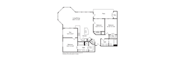 A floor plan of a house with a living room, two bedrooms, a bathroom, a kitchen, a pantry, a study, and a patio.