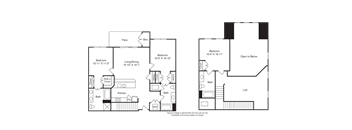 A floor plan of a two-bedroom apartment with a living room, kitchen, and bathroom.