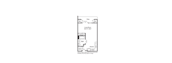 A floor plan of a living room, bath, and kitchen.