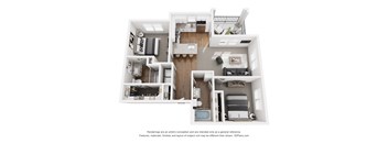 A 3D floor plan of a house with multiple rooms.