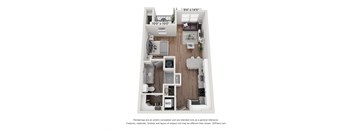 a stylized floor plan with a bedroom and a living room