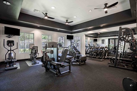 North Natomas, Sacramento, CA, Apartments Near State Capitol - Granite Point Apartments - Fitness Center With Cardio Machines, Free Weights, Strength Equipment, and Large Windows.