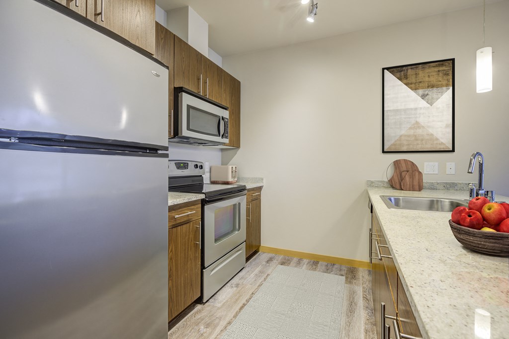 a kitchen with stainless steel appliances and a marble counter top