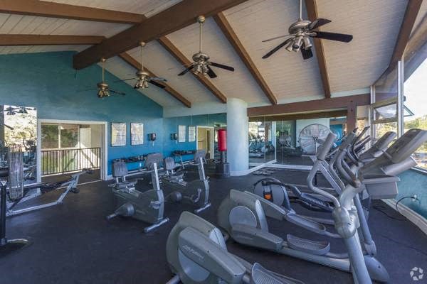 Apartments for Rent in El Cajon, CA - Ivanhoe Village - Fitness Center With Vaulted Ceiling, Elliptical Machines, Mirror Wall, Ceiling Fans, and Large Windows.