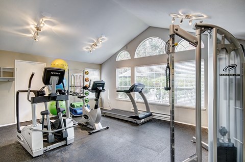 A home gym with a treadmill, elliptical trainer, and a stationary bike.
