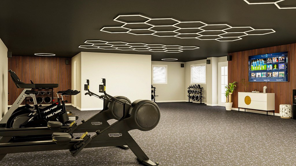 Sandy Springs, GA Apartments – Celebration at Sandy Springs - a gym with a treadmill and a tv on the wall