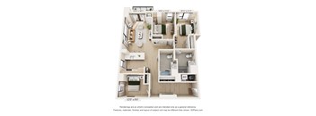 A 3D floor plan of a house with a kitchen, living room, and two bedrooms.
