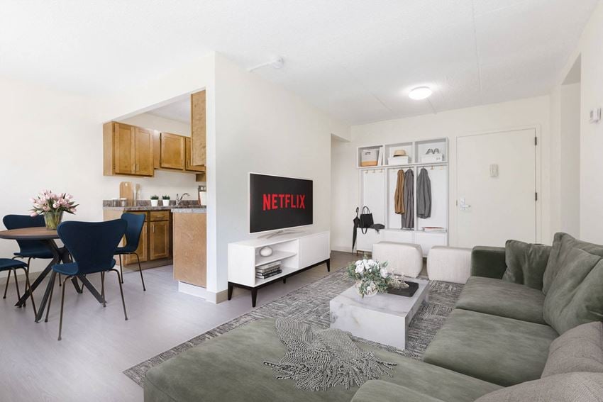 a living room with a couch and a table