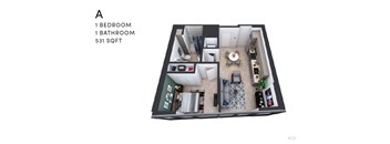 A floor plan of a 531 sqft apartment with one bedroom and one bathroom.