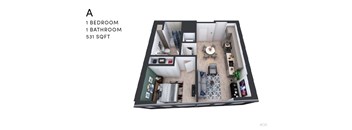 A 3D floor plan of a 531 sqft apartment with one bedroom and one bathroom.