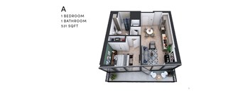 A floor plan of a small apartment with one bedroom and one bathroom.
