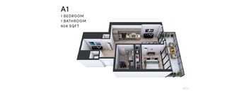 A 3D floor plan of apartment A1 with one bedroom and one bathroom.