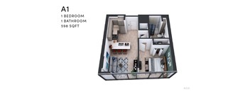 A 3D floor plan of apartment A1 with one bedroom and one bathroom.