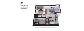 A 1 bedroom, 1 bathroom apartment is 600 sqft.