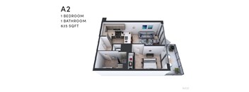 A 2 bedroom apartment with 1 bathroom and 635 sqft.