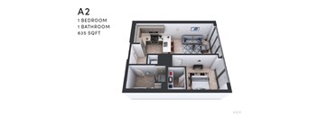 A 2 bedroom apartment with 1 bathroom and 635 sqft.
