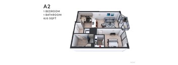 A 2 bedroom apartment with 1 bathroom and 635 sqft.