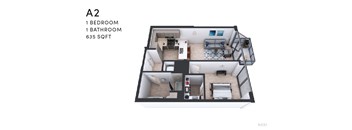 A 2 bedroom apartment with 1 bathroom and 635 sqft.
