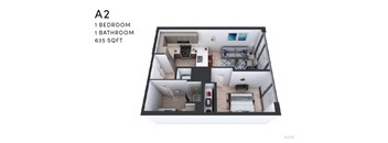 A 2 bedroom apartment with 635 sqft is shown in the image.