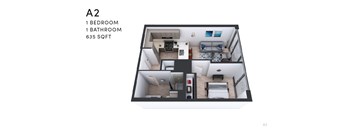 A 2 bedroom apartment with 1 bathroom and 635 sqft.