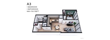 A 3 bedroom apartment with 1 bathroom and 680-750 sqft.