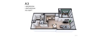 A 3D floor plan of a small apartment with one bedroom and one bathroom.