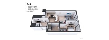 A 3 bedroom apartment with 1 bathroom and 746 sqft.