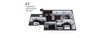 A 3D floor plan of a small apartment with one bedroom and one bathroom.
