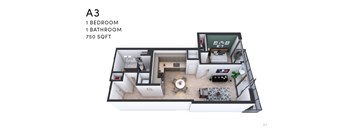 A 3 bedroom apartment with 1 bathroom and 750 sqft.