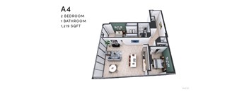 A 3D floor plan of apartment A4 with 2 bedrooms and 1 bathroom.