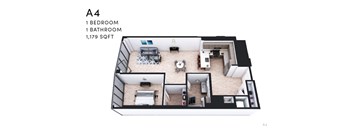 A 3D floor plan of apartment A4 with 1 bedroom and 1 bathroom.