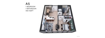 A 560 square foot apartment with one bedroom and one bathroom.