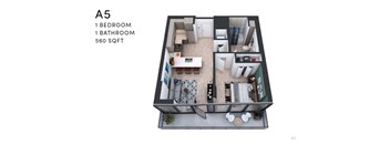 A 560 square foot apartment with one bedroom and one bathroom.
