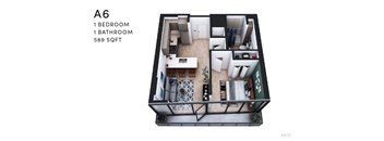 A 6 floor apartment with 1 bedroom and 1 bathroom.