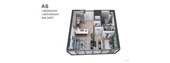 A 3D floor plan of apartment A6 with one bedroom and one bathroom.