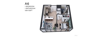 A 3D floor plan of apartment A6 with one bedroom and one bathroom.