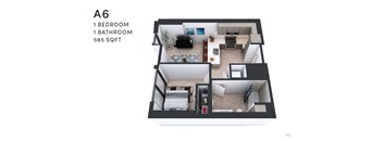 A 6 floor apartment with 1 bedroom and 1 bathroom.