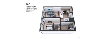 A7 floor plan with 1 bedroom and 1 bathroom.