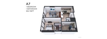 A 3D floor plan of apartment A7 with 1 bedroom and 1 bathroom.