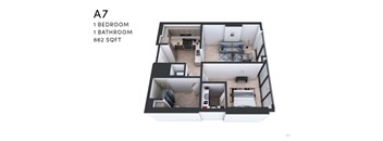 A7 floor plan with 1 bedroom and 1 bathroom.