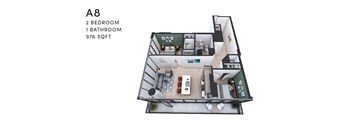 A 2 bedroom, 1 bathroom apartment with 976 square feet.